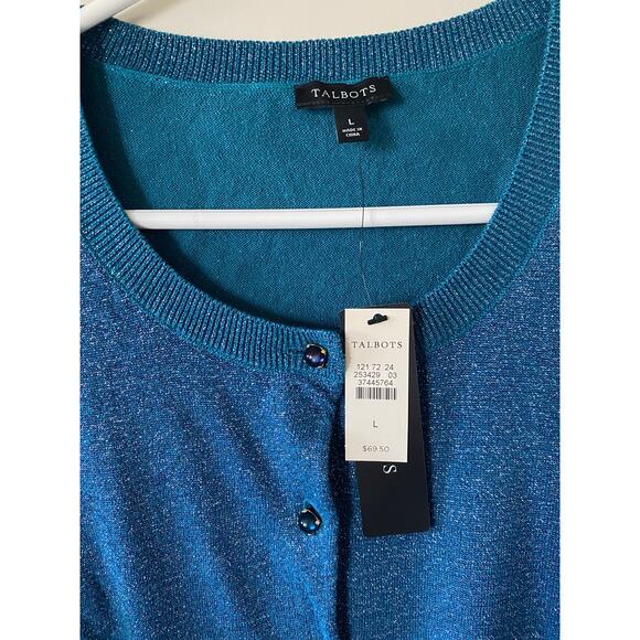 NWT Talbots Blue Glitter Metallic Jeweled Buttons Button Up Cardigan- Size Large - Picture 2 of 7